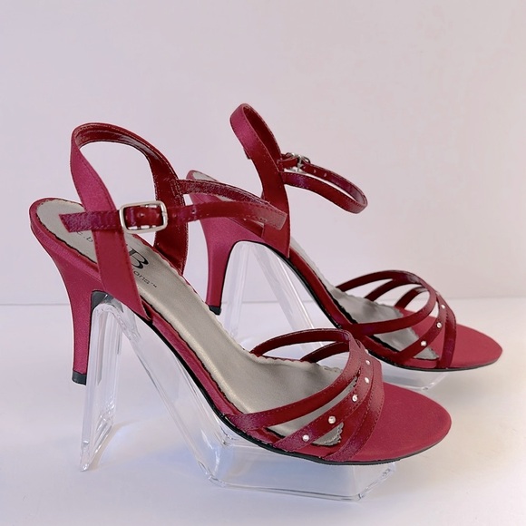 CB Collections Strappy High Heels 7 1/2 Dark Red Burgundy Rhinestone Detail - Picture 2 of 9